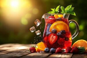refreshing summer drink in elegant glass pitcher filled with vibrant fruits like strawberries, blueberries, and oranges, garnished with mint leaves, perfect for warm days photo