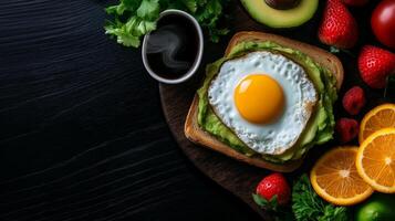 delicious breakfast spread featuring avocado toast topped with fried egg, surrounded by fresh fruits like strawberries, oranges, and raspberries, along with cup of coffee photo