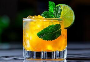 refreshing yellow mojito cocktail garnished with mint leaves and lime slice, served over ice. Perfect for summer gatherings or relaxing evenings photo