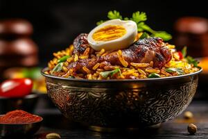 flavorful biryani dish featuring chicken, egg, and spices, garnished with fresh herbs. vibrant colors and textures create appetizing presentation photo