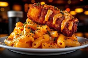Delicious macaroni and cheese topped with crispy breaded chicken fillet, garnished with herbs, served on white plate. comforting and indulgent meal photo