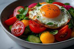 Fresh salad with colorful vegetables and fried egg on top, showcasing vibrant tomatoes, greens, and herbs, perfect for healthy meal photo