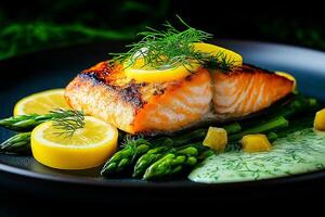 Perfectly seared salmon fillet garnished with lemon slices and fresh dill, served on bed of asparagus with creamy sauce. delightful and healthy meal option photo