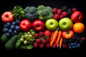 Fresh fruits and vegetables including apples, broccoli, berries, and carrots arranged beautifully on dark background, showcasing vibrant colors and healthy options photo
