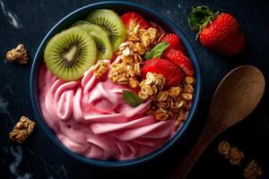 Delicious smoothie bowl topped with fresh strawberries kiwi, and granola, creating vibrant and healthy breakfast Perfect for refreshing start day photo