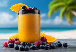 vibrant cocktail featuring blueberries, raspberries, and orange slices, set against tropical beach backdrop. refreshing drink evokes sense of relaxation and summer fun photo