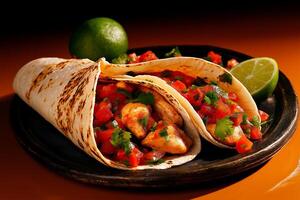 Delicious chicken tacos with fresh pico de gallo and lime, served on dark plate. vibrant colors and textures create appetizing presentation photo