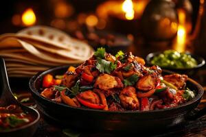 Sizzling chicken fajitas with colorful peppers and onions, garnished with fresh herbs, served with warm tortillas and sides. delightful and flavorful dish perfect for sharing photo