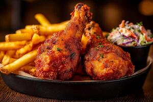 Fried chicken drumsticks served with crispy fries and coleslaw, creating delicious and satisfying meal. Perfect for comfort food lovers photo