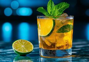 Refreshing yellow cocktail with lime and mint leaves, served over ice, perfect for summer gatherings. vibrant colors and cool ambiance create delightful atmosphere photo