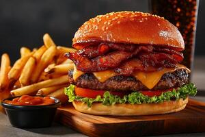 Gourmet burger with bacon, cheese, lettuce, and tomato served with fries. delicious meal that satisfies cravings and brings joy to food lovers photo