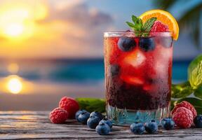 Colorful cocktail with blueberries, raspberries, and orange slice, set against sunset beach background. Refreshing drink evokes summer vibes and relaxation photo
