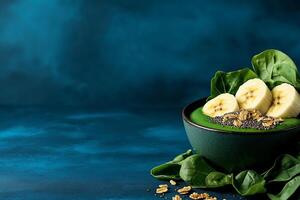 vibrant green smoothie bowl topped with banana slices, chia seeds, and granola, surrounded by fresh spinach leaves, creating healthy and refreshing meal photo