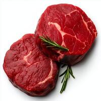 Fresh raw beef steaks with rosemary on white background, showcasing rich red color and marbling. Perfect for culinary presentations and recipes photo