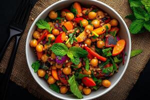 Fresh and colorful chickpea salad with vibrant vegetables and herbs, perfect for healthy meal. This dish features mix of textures and flavors, ideal for any occasion photo