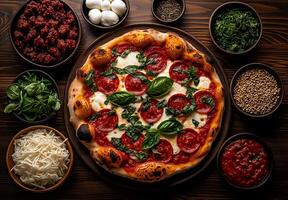 rustic wooden table displays delicious Neapolitan pizza topped with pepperoni, fresh basil, and mozzarella. Surrounding pizza are bowls of ingredients like herbs, cheese, and sauces, creating photo