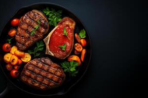 Grilled medium rare steaks with colorful vegetables in skillet, showcasing delicious meal. vibrant colors and textures create appetizing presentation photo