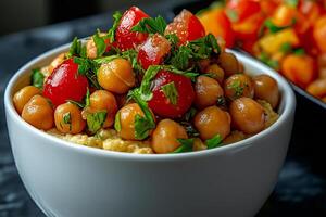 Creamy hummus topped with fresh tomatoes and parsley, vibrant Middle Eastern dish. Perfect for appetizers or healthy snacks, this colorful bowl is both nutritious and delicious photo