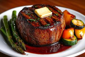 Juicy grilled steak with butter, served with asparagus and colorful vegetables, creating delicious and appetizing meal photo