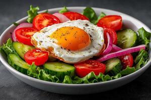 Fresh salad with fried egg, tomatoes, cucumbers, and lettuce, garnished with onions, showcasing vibrant colors and healthy ingredients photo