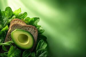 Fresh avocado on whole grain bread surrounded by leafy greens creates vibrant and healthy scene. This captures essence of nutritious eating and freshness photo