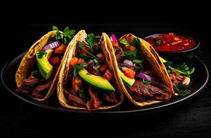 Delicious tacos filled with beef, avocado, and fresh vegetables, served with salsa. vibrant and appetizing dish perfect for any photo