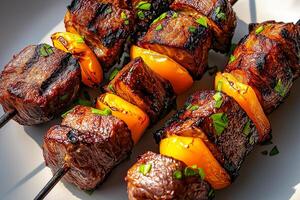 Grilled meat skewers with vibrant yellow peppers and fresh herbs create delicious and appetizing scene. Perfect for summer barbecues and gatherings photo