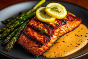 Delicious grilled salmon fillet with lemon slices, served with asparagus and creamy sauce, creating vibrant photo