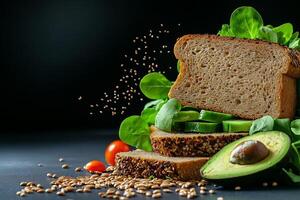 Whole grain bread slices with avocado, salad, and seeds create healthy meal. vibrant colors and textures evoke freshness and nourishment photo