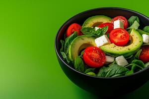 Fresh salad with avocados, tomatoes, and feta cheese in black bowl. Vibrant green background enhances colorful ingredients, creating healthy and appetizing look photo