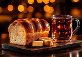 Freshly baked loaf of bread with butter and glass of soda, creating warm and inviting atmosphere photo
