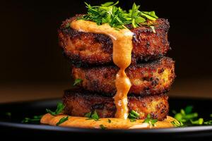 Delicious falafel patties stacked high, drizzled with creamy sauce and garnished with fresh herbs, creating mouthwatering presentation photo