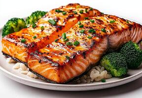 Grilled salmon fillet served with broccoli and long grain rice, garnished with green onions, offers delicious and healthy meal option. vibrant colors and textures create appetizing presentation photo