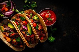Delicious tacos filled with beef, avocado, and fresh vegetables, served with salsa. vibrant and appetizing dish perfect for any meal photo