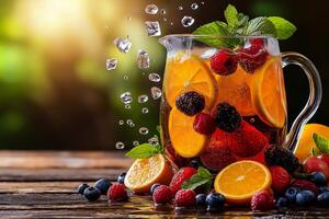 Refreshing fruit punch with berries, citrus slices, and ice cubes in glass pitcher, surrounded by fresh fruits. Perfect for summer gatherings and celebrations photo