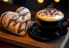 delicious cappuccino with art and heart shaped pastry drizzled with chocolate, creating cozy and inviting atmosphere. Perfect for sweet treat photo