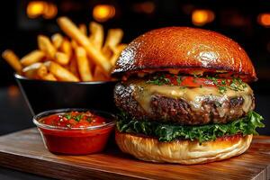 Gourmet burger with lettuce, tomato, and cheese served with fries and sauce. This delicious meal is perfect for food lovers seeking satisfying experience photo