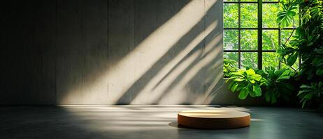 serene minimalist interior scene featuring concrete walls, circular platform, and lush greenery. Natural light casts soft shadows, creating tranquil atmosphere photo