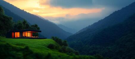 modern two story house in mountains, surrounded by lush greenery and stunning views. sunset casts warm glow, creating serene and tranquil atmosphere photo