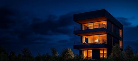 Modern three story house with illuminated interiors at night, surrounded by trees. sleek design features large windows and contemporary aesthetic, creating warm and inviting atmosphere photo
