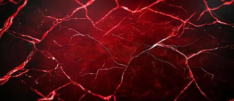 Red cracked marble texture background close up, showcasing intricate patterns and dark ambiance. This striking design evokes sense of depth and drama, perfect for various creative projects photo