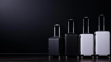 Stylish black and white travel suitcases lined up against dark background, showcasing modern design and functionality. Perfect for travel enthusiasts photo