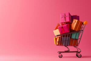 Colorful gift boxes stacked in shopping cart against pink background, creating festive and cheerful atmosphere. Perfect for holiday shopping themes photo