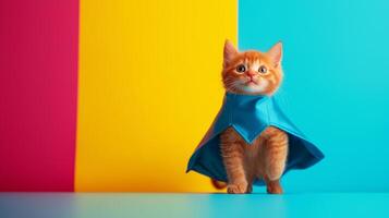 playful orange kitten wearing blue cloak stands confidently against vibrant background of pink and yellow. This adorable scene captures essence of fun and imagination photo