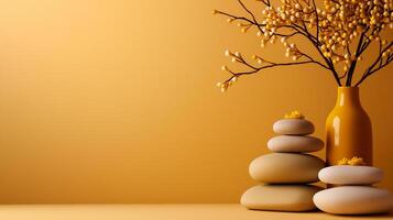 serene still life featuring stacked stones and vase with yellow flowers against warm beige background, evoking tranquility and balance photo