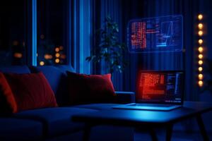 modern living room at night featuring laptop displaying code and holographic data. ambiance is enhanced by blue lighting and cozy sofa with red cushions, creating tech savvy atmosphere photo