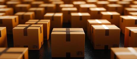 Top view of many cardboard boxes arranged in endless pattern, creating sense of depth and organization. boxes are uniformly colored, showcasing vibrant orange hue photo