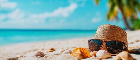 straw hat and sunglasses on tropical beach with seashells, evoking relaxing summer vibe. clear blue water and palm trees create perfect vacation atmosphere photo
