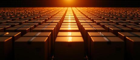 Endless rows of cardboard boxes illuminated by warm sunset light create striking visual. organized arrangement evokes sense of order and efficiency in storage photo