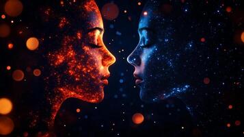 Cosmic faces of two women, one glowing with fiery orange and other with cool blue, symbolize balance of elements in universe. Their serene expressions evoke sense of harmony photo